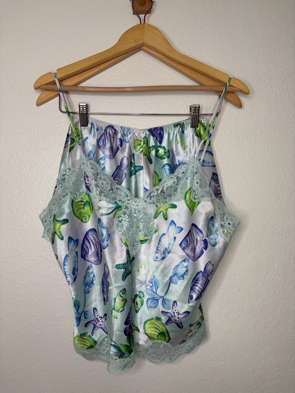 Victoria's Secret Satin Sea Life Lace Trim Cami - Blue & Green